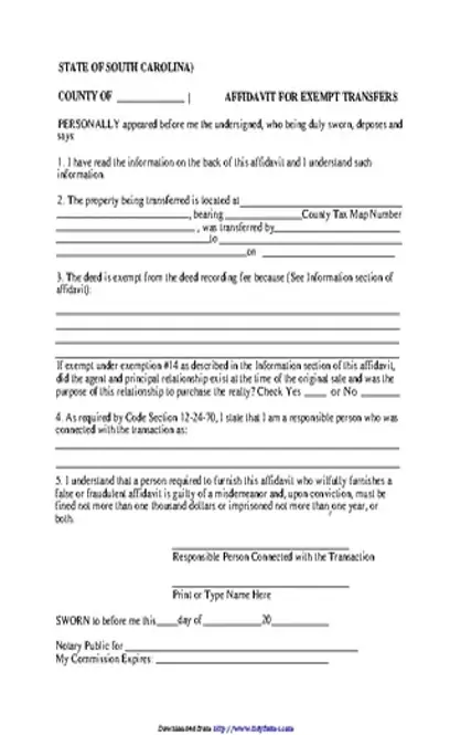 South Carolina Affidavit For Exempt Transfer