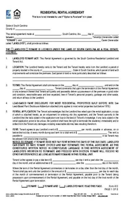 South Carolina Association Of Realtor Residential Lease Agreement Form 410