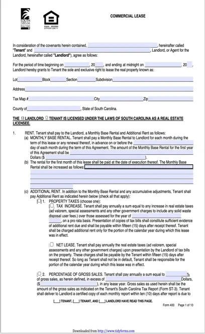 South Carolina Commercial Lease Agreement