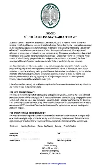 South Carolina State Aid Affidavit