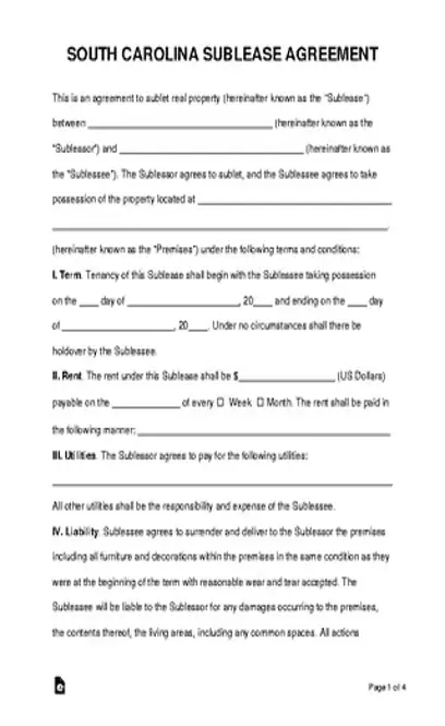 South Carolina Sublease Agreement Template