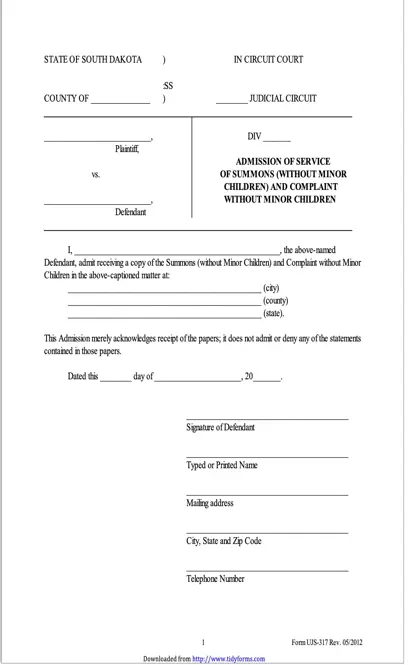 South Dakota Admission Of Service Of Summons Without Minor Children And Complaint Without Minor Children Form