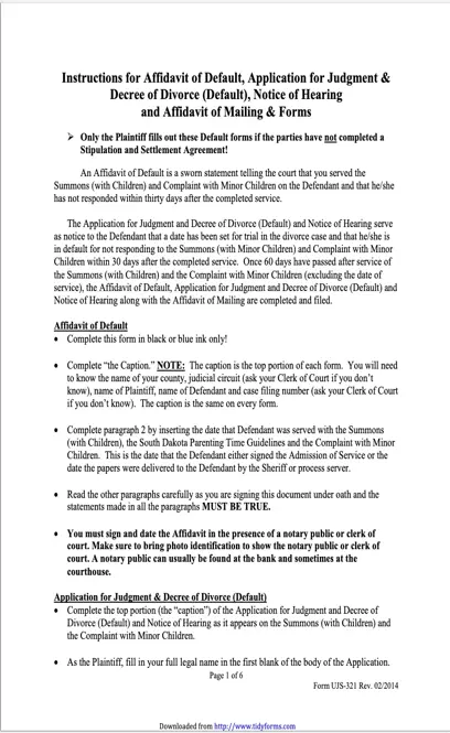 South Dakota Affidavit Of Default Application For Judgment And Decree Of Divorce Default Notice Of Hearing And Affidavit Of Mailing Without Minor Children Form