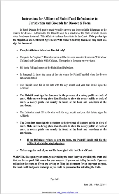 South Dakota Affidavit Of Plaintiff And Defendant As To Jurisdiction And Grounds For Divorce With Minor Children Form