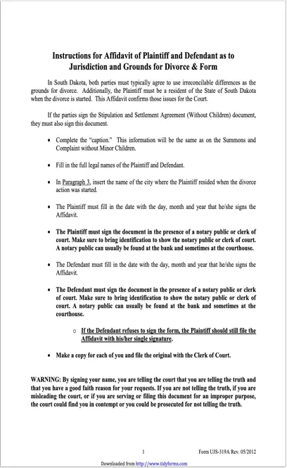 South Dakota Affidavit Of Plaintiff And Defendant As To Jurisdiction And Grounds For Divorce Without Minor Children Form