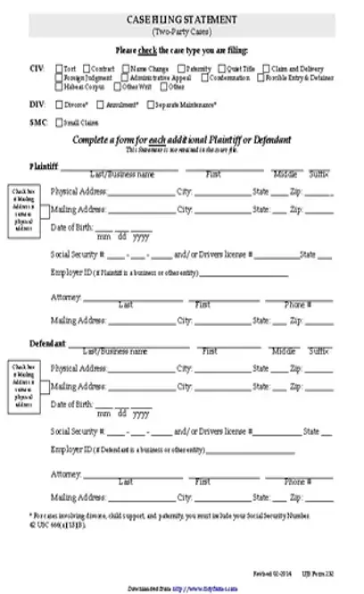 South Dakota Civil Case Filing Statement 2 Party Case Form