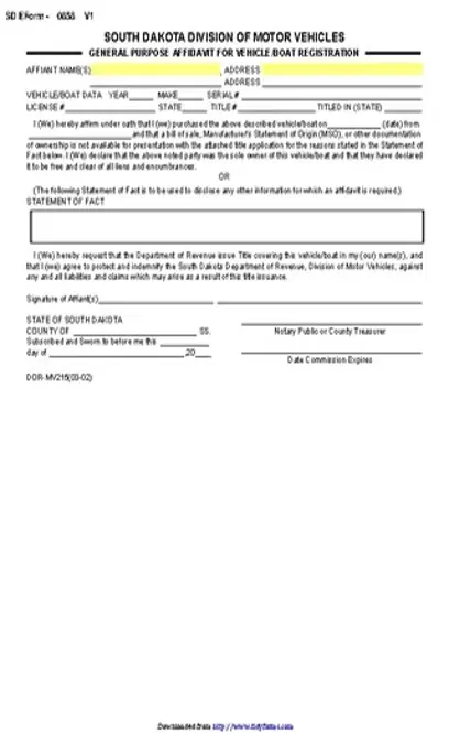 South Dakota General Purpose Affidavit For Vehicle Boat Registration Form