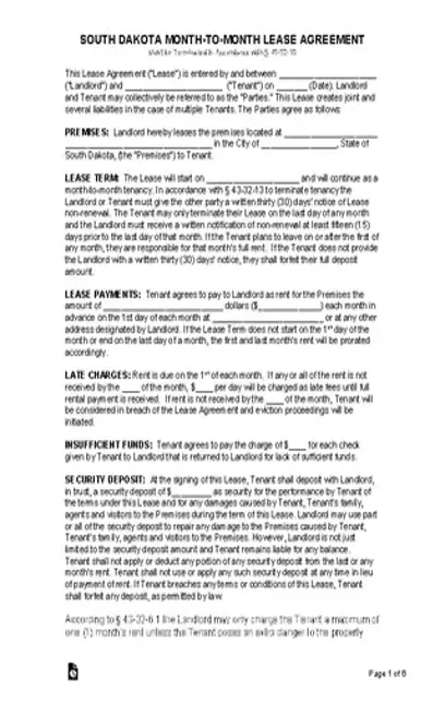 South Dakota Monthly Rental Agreement Form