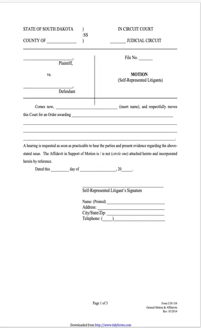 South Dakota Motion Affidavit In Support Of Motion And Affidavit Of Mailing Form