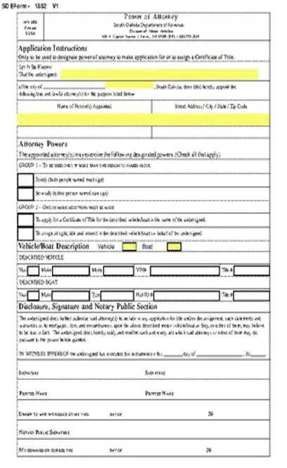 South Dakota Motor Vehicle Power Of Attorney Form Mv 008