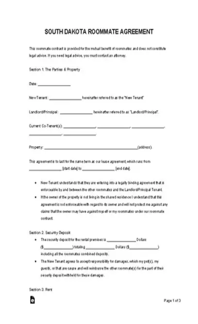 South Dakota Roommate Agreement Template