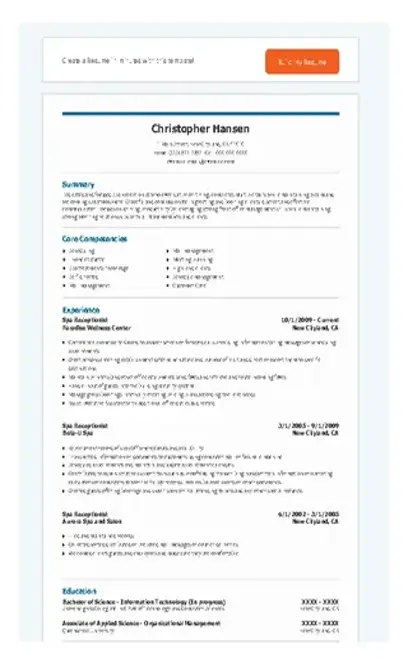 Spa Receptionist Resume