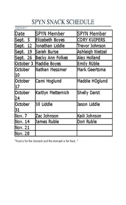 Spyn Snack Schedule