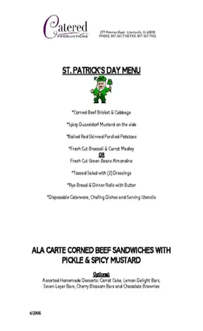 St Patricks Day Event Menu