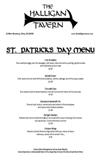 St Patricks Day Menu