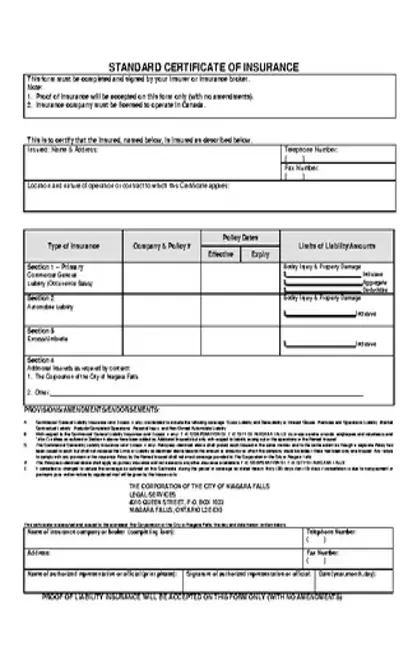 Standard Certificate Of Insurance Template Free Download