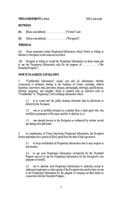 Standard Model Non Disclosure Agreement Form Doc