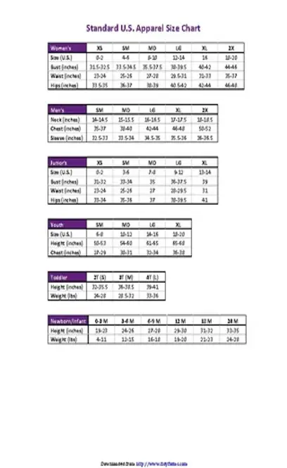 Standard U S Apparel Size Chart