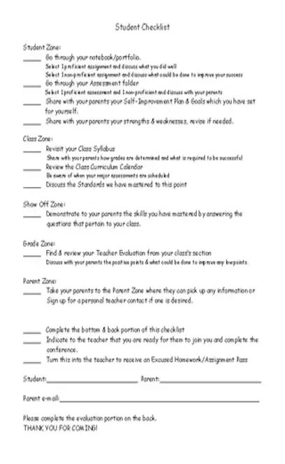 Student Led Conference Tool Student Checklist