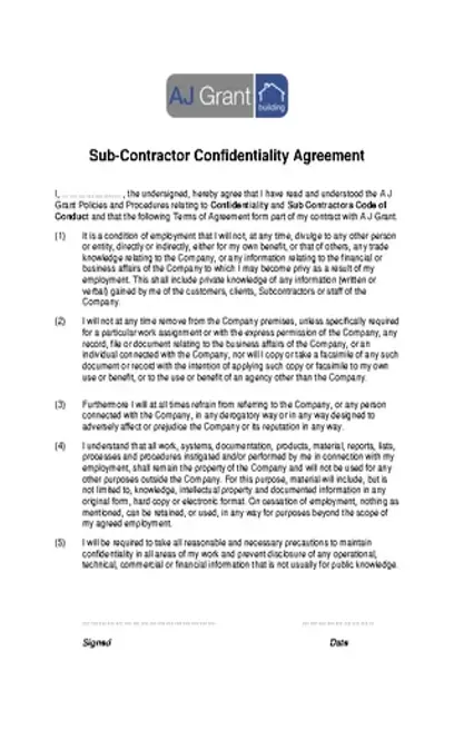 Sub Contractor Confidentiality Agreement