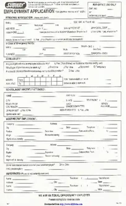 Subway Employment Form