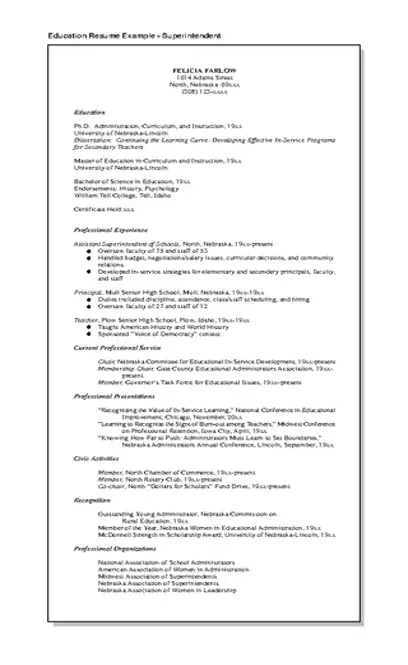 Superintendent Education Resume Example