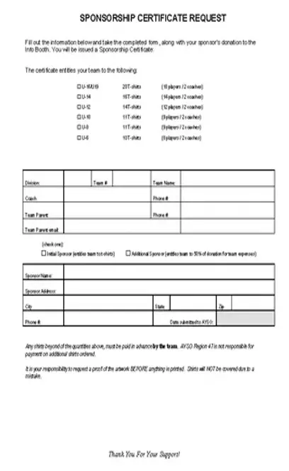 Team Sponsorship Certificate Request Form