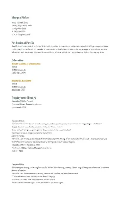 Technical Writer Fresher Resume