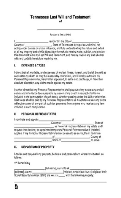 Tennessee Last Will And Testament Template