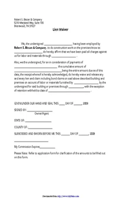 Tennessee Lien Waiver Form