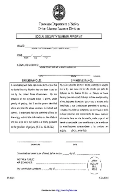 Tennessee Social Security Number Affidavit Form