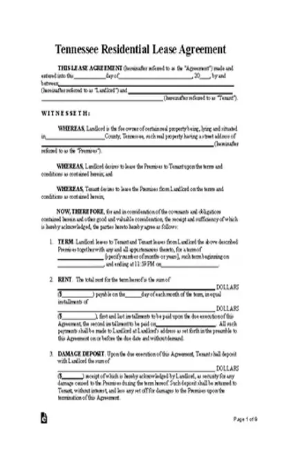 Tennessee Standard Residential Lease Agreement Form