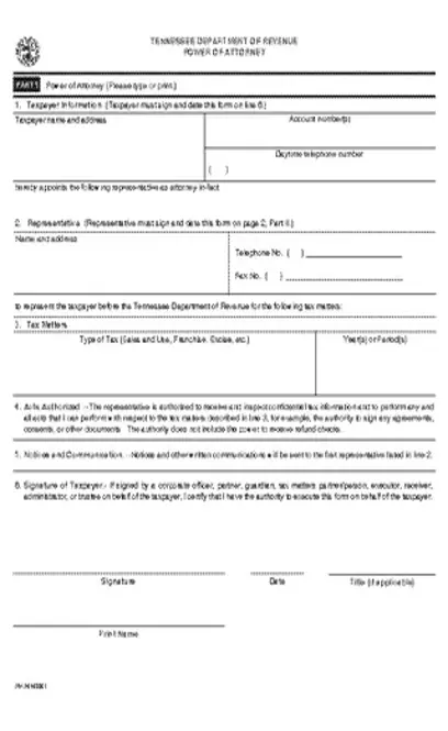 Tennessee Tax Power Of Attorney Form Rv F0103801