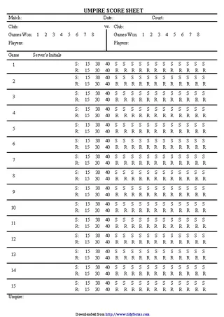 Tennis Umpire Score Sheet