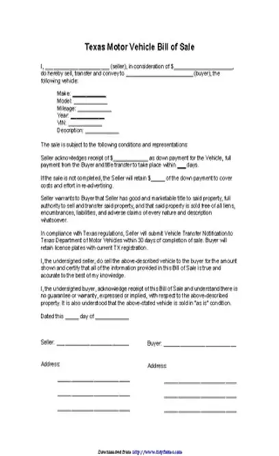 Texas Motor Vehicle Bill Of Sale Form