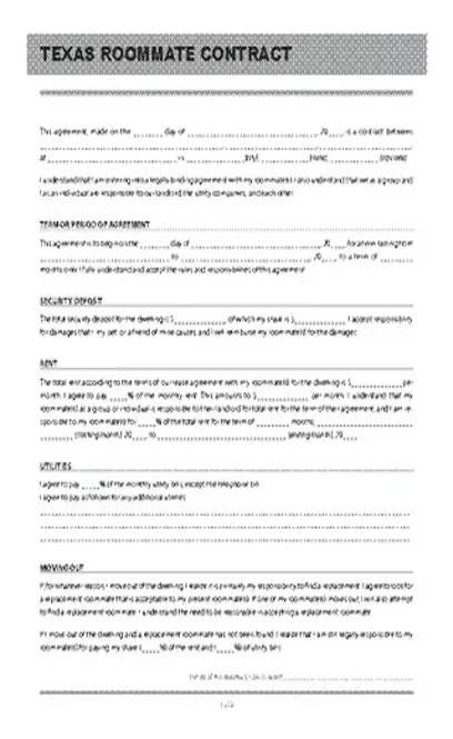 Texas Roommate Agreement Form