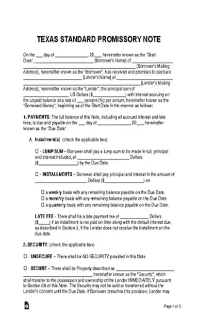 Texas Standard Promissory Note Template