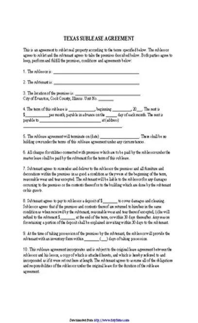 Texas Sublease Agreement Form Template