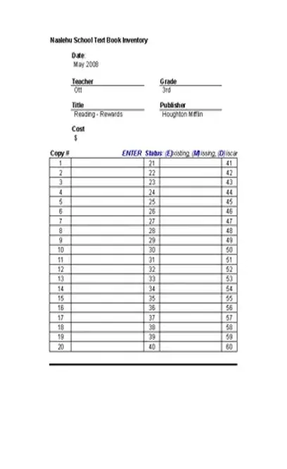 Text Book Inventory Spreadsheet