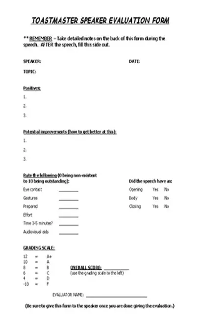 Toastmaster Evaluation Speaker Form Template Word Doc