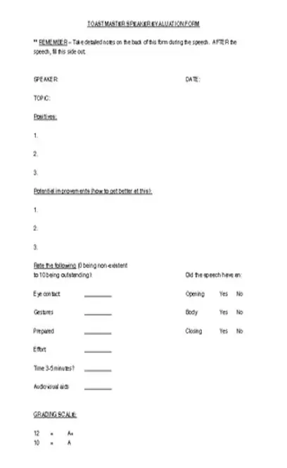 Toastmaster Speaker Evaluation Form