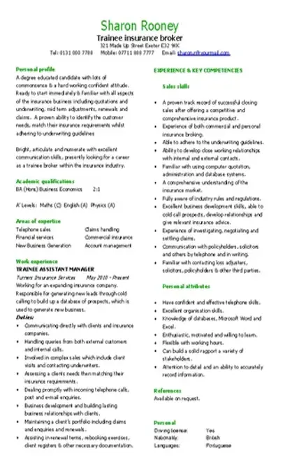 Trainee Insurance Broker Cv Template