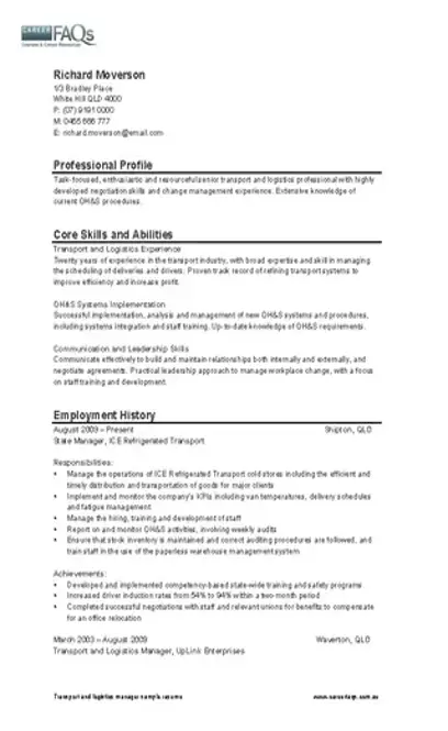 Transport And Logistics Manager Sample Resume