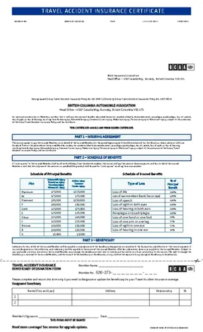 Travel Accident Insurance Certificate Template