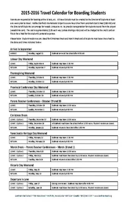 Travel Calendar For Boarding Students