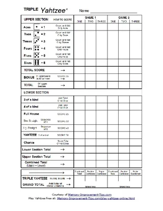 Triple Yahtzee Scoresheet