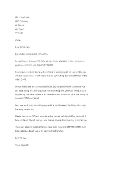 Two Weeks Notice Formal Letter Template