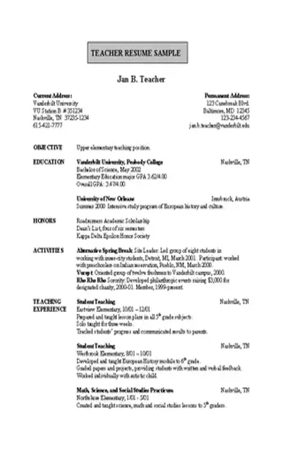 Upper Class School Teacher Resume