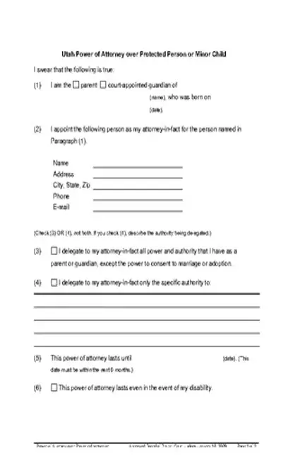 Utah Minor Child Parent Power Of Attorney Form