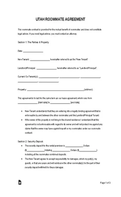 Utah Roommate Agreement Form